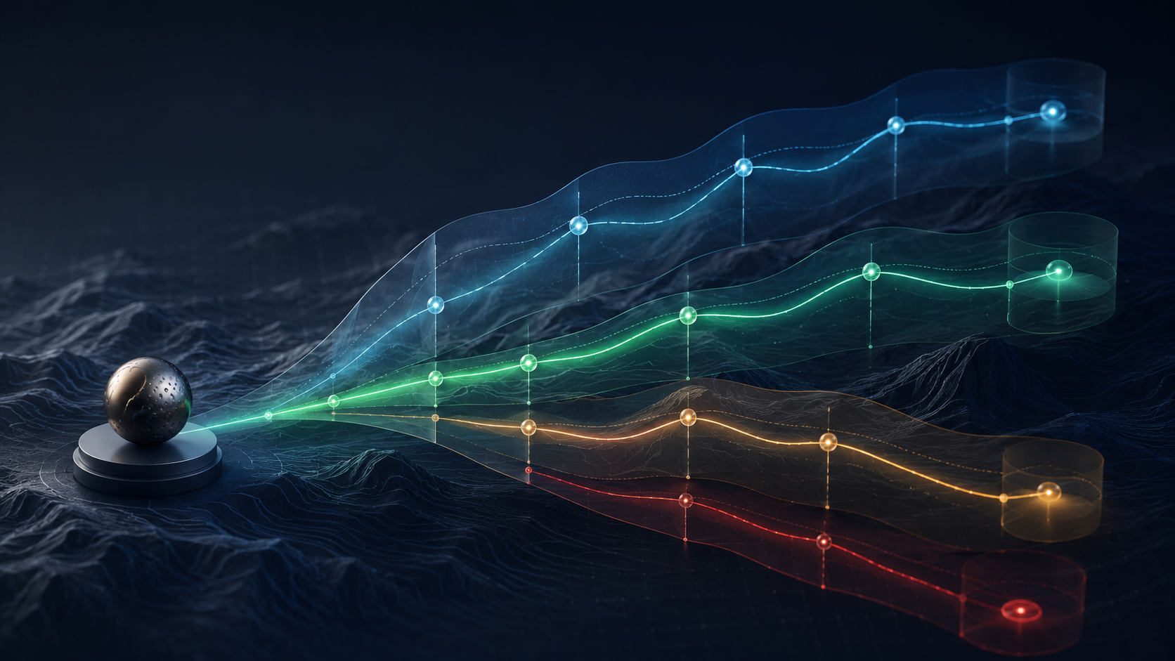 An AI investment tested across base, upside and downside scenarios with visible confidence ranges.