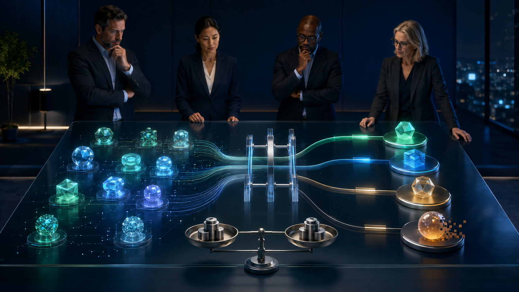 Executive team comparing a portfolio of AI opportunities through controlled investment pathways.